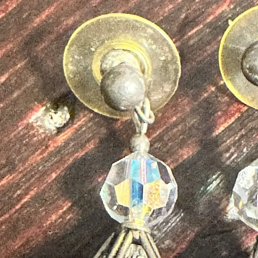 Vintage Faceted Crystal Drop Earrings Iridescent Aurora Borealis Dangle Pierced